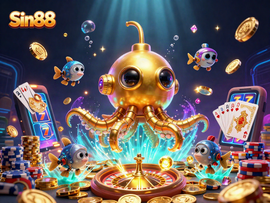 Engage with Sin88 for thrilling online casino fun featuring gold coins and a kraken submarine.