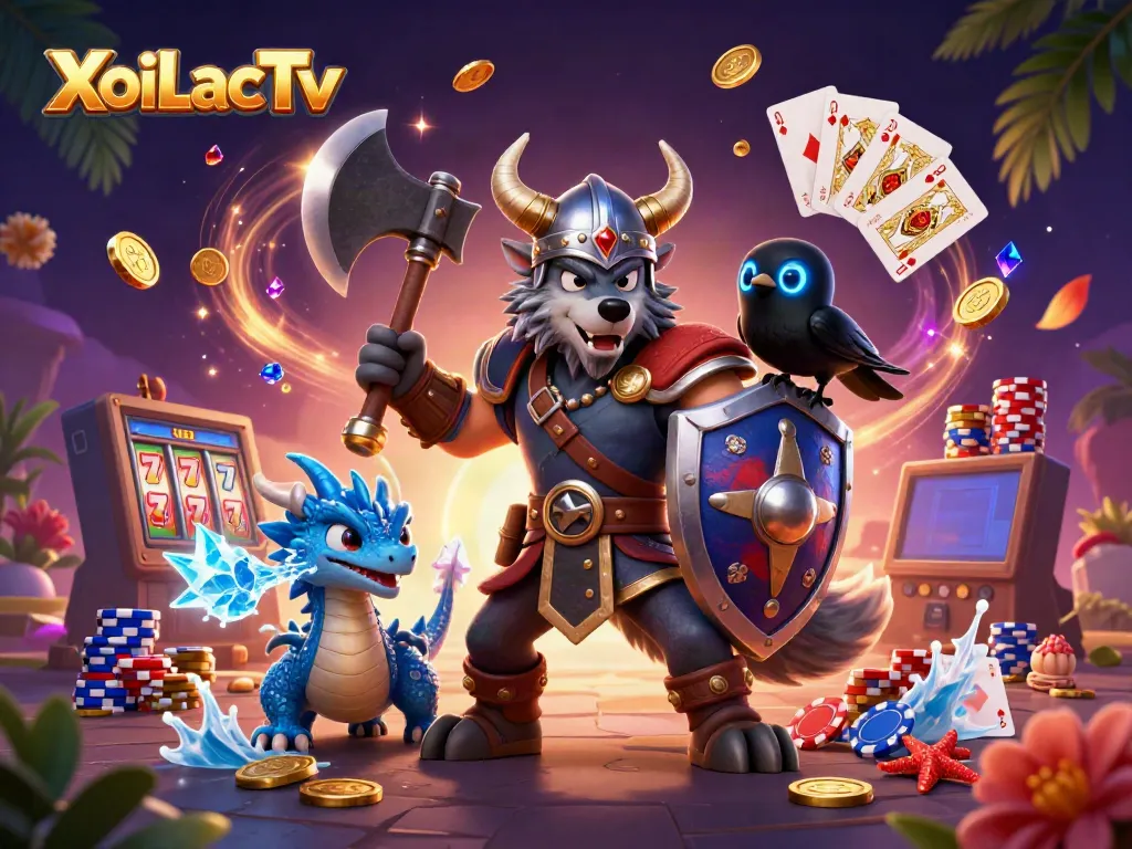 XoiLacTv features a heroic Viking wolf warrior and dragon amidst vibrant casino elements.