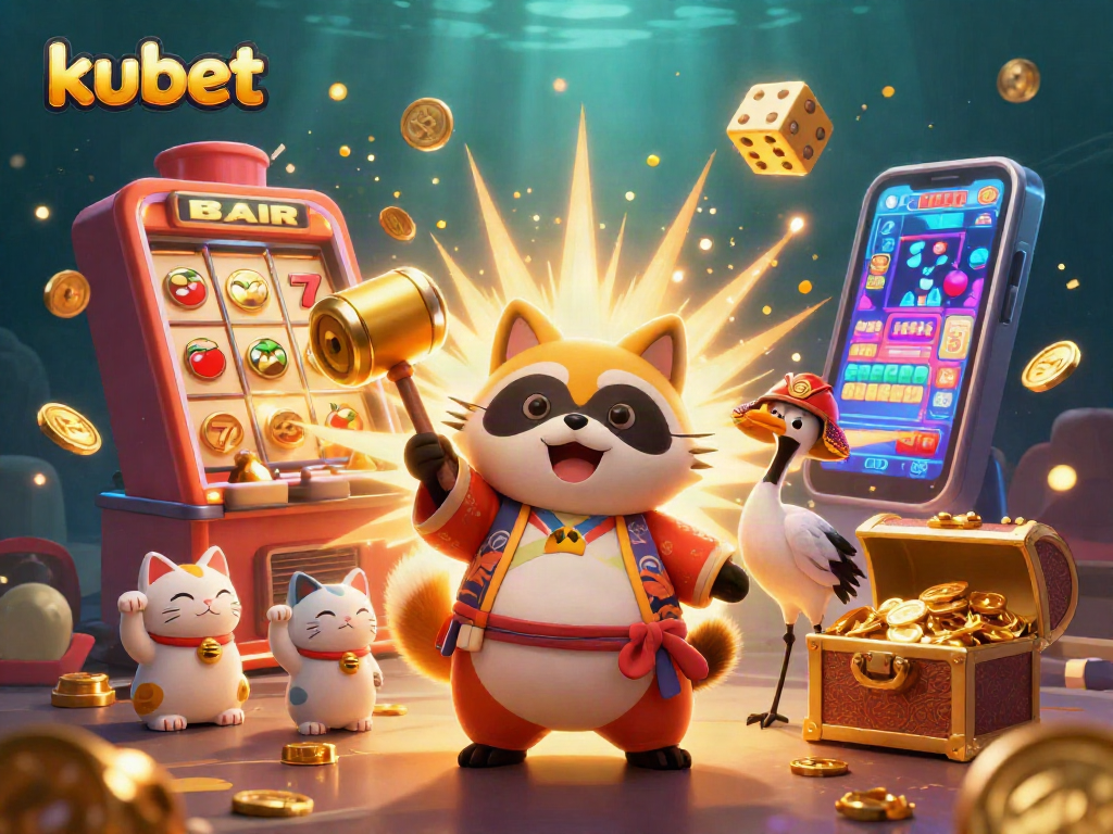 Kubet celebrates wins with a cheerful tanuki and samurai crane, showcasing vibrant casino elements.