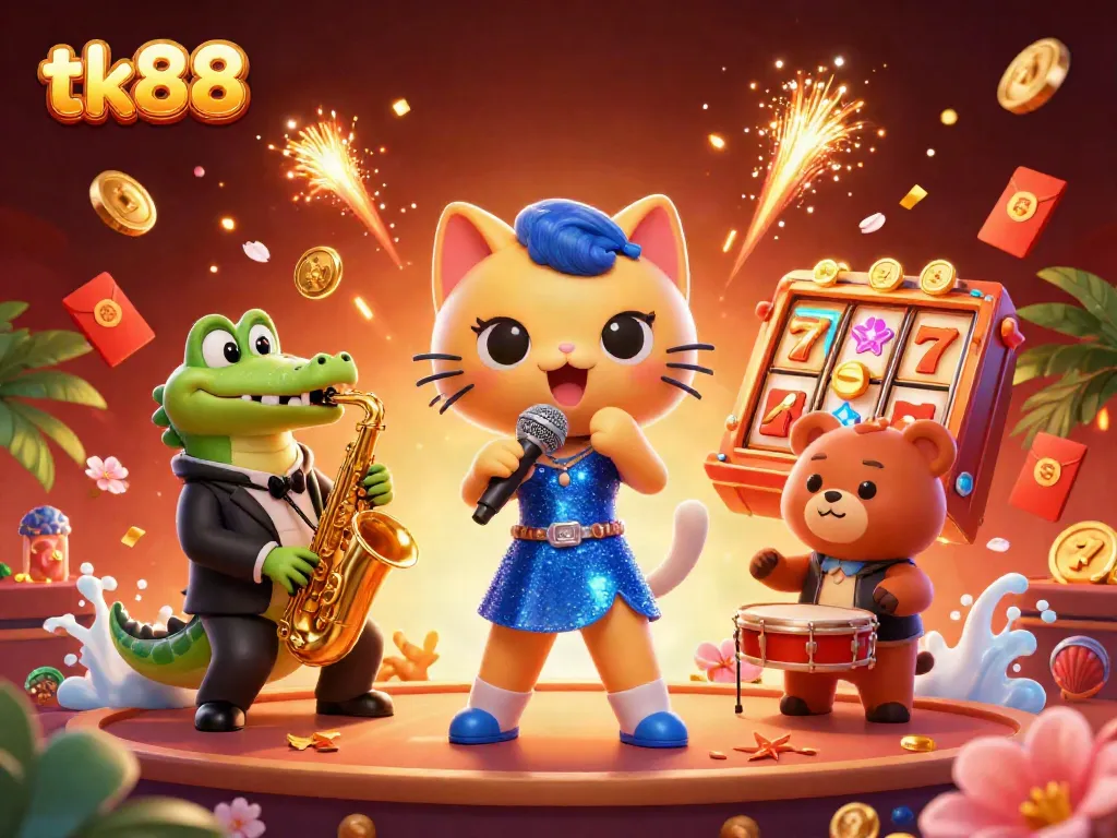 Experience the excitement of tk88 with a vibrant casino illustration featuring a performing cat, crocodile, and bear surrounded by slot symbols.