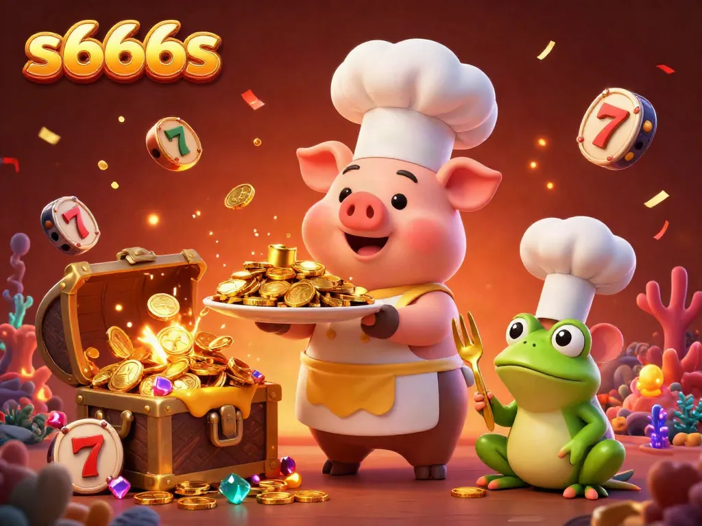 S666s dazzles as a gourmet chef pig serves gold coins in a vibrant casino scene.