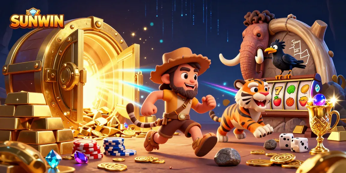 SUNWIN casino illustration with a caveman, sabertooth tiger, and crow engaging in a vibrant gaming scene.