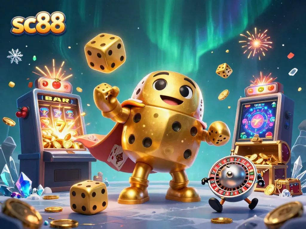 Experience exciting gameplay at sc88 with a vibrant 3D illustration of dice and lively casino elements.