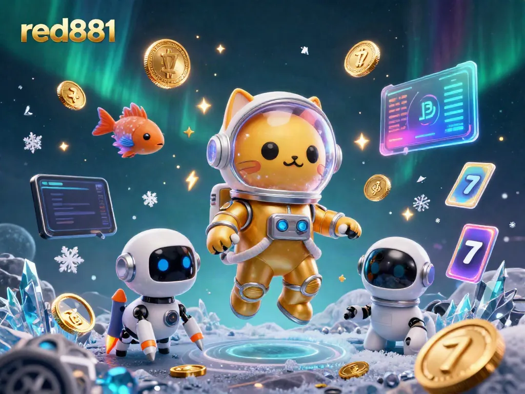 Watch the exciting red881 online casino scene with a space cat and robot dog among dynamic game elements.