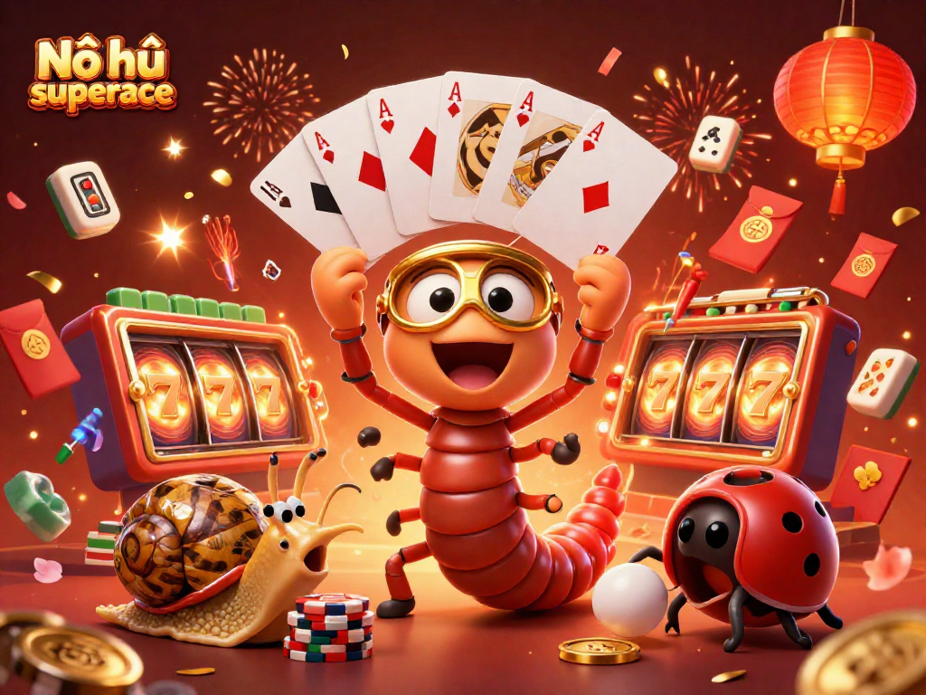 Nổ hũ superace showcases a lively casino scene with a millipede dealer, snail high-roller, and vibrant game elements.