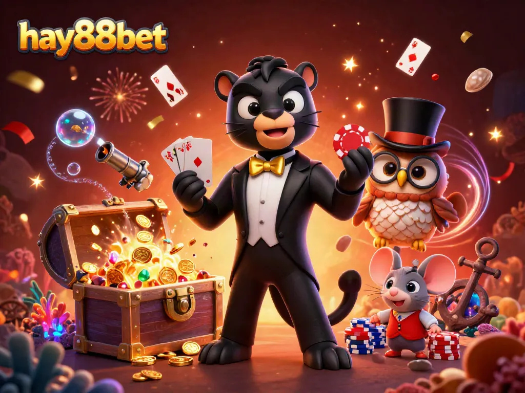 Experience top-tier gaming excitement with hay88bet, a vibrant casino scene filled with animated characters and gambling elements.