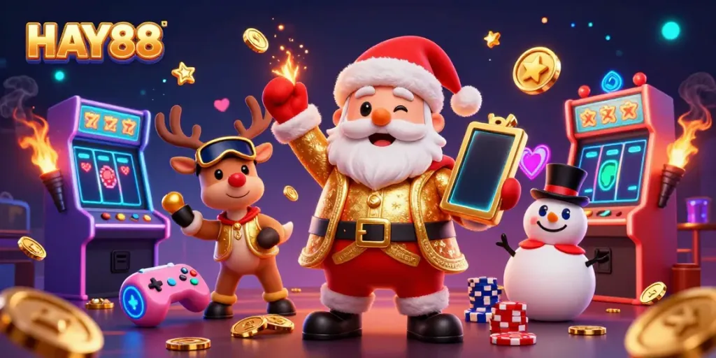 Experience the excitement at HAY88 with a festive casino scene featuring Santa and friends.
