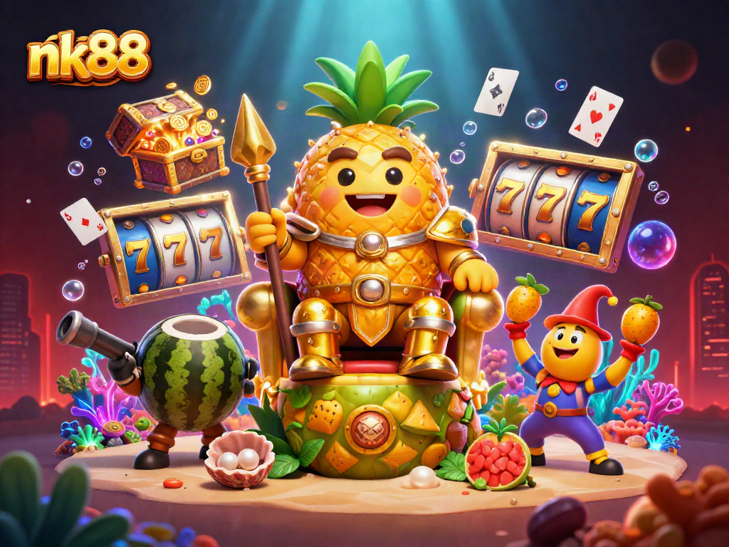 Experience the excitement of nk88 with the vibrant casino scene featuring the golden pineapple king.