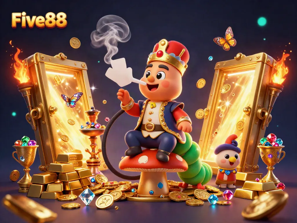 Experience exciting gameplay at Five88 with a vibrant 3D casino scene filled with treasures.