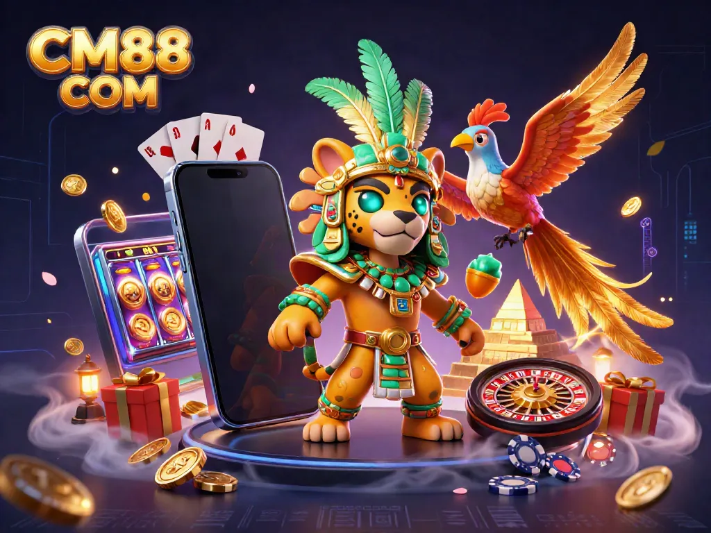 Spin winning reels in a vibrant casino scene with CM88 COM branding in a 3D illustration.