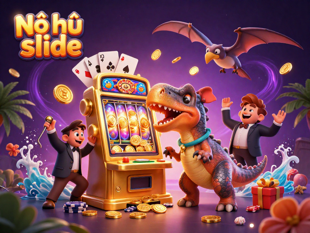 Nổ hũ slide game scene with dinosaur, slot machine, and coins cascading