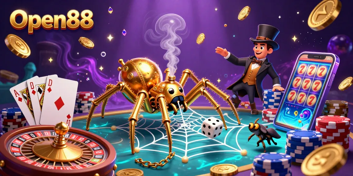 Experience Open88's thrilling gambling atmosphere in a vibrant 3D illustration featuring steampunk elements.