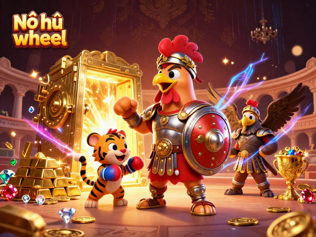 Nổ hũ wheel showcases exciting gameplay with a dynamic colosseum scene featuring characters sparring amidst treasures.
