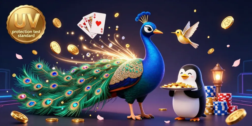 Spin the reels with the UV protection test standard, showcasing dynamic gambling elements and vibrant characters.