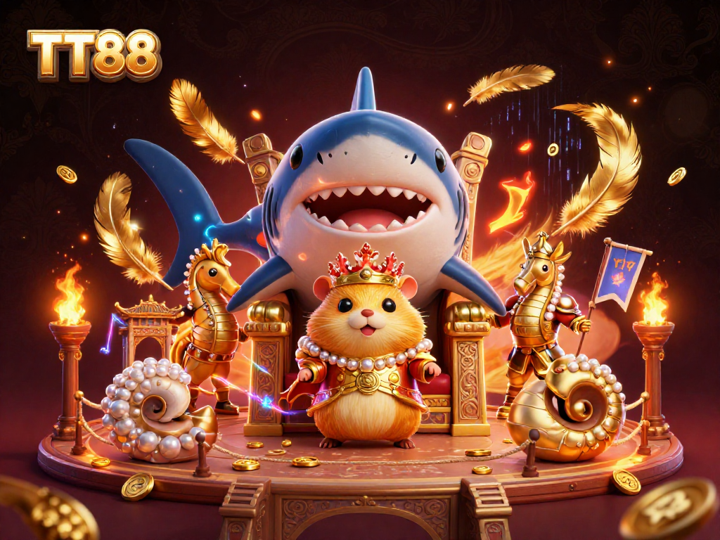 Step into exhilarating TT88 action with a fierce hamster king and his seahorse guards in a vibrant casino arena.