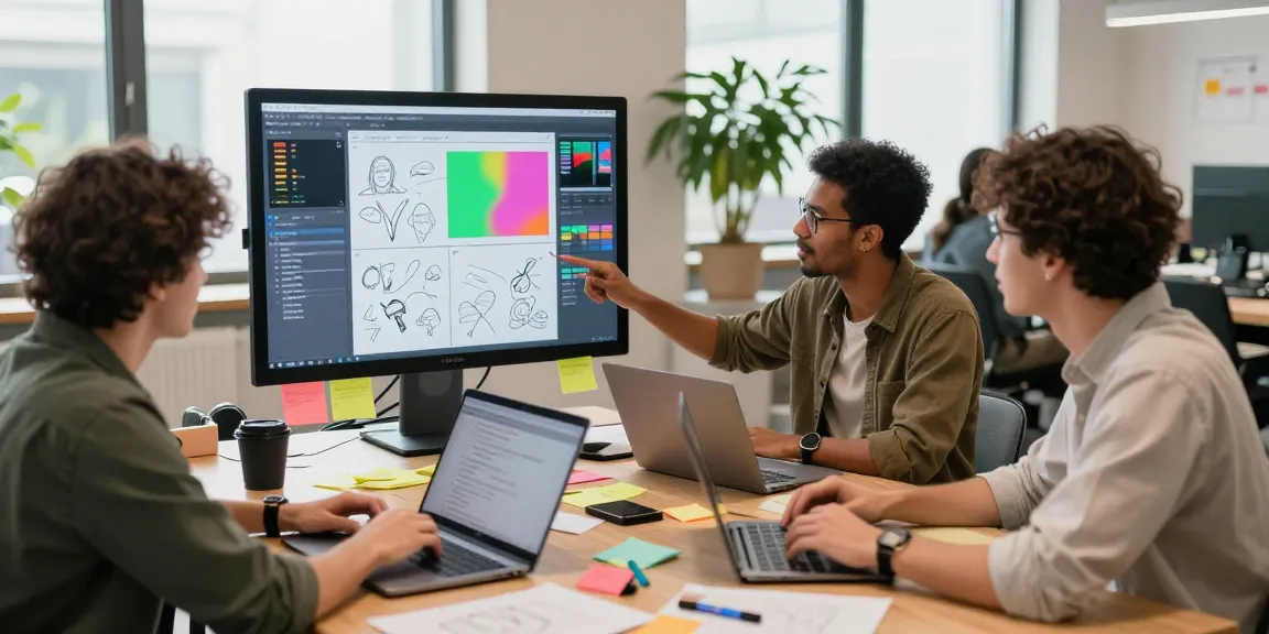 Team brainstorming with mixboard ai on digital canvas in a vibrant workspace