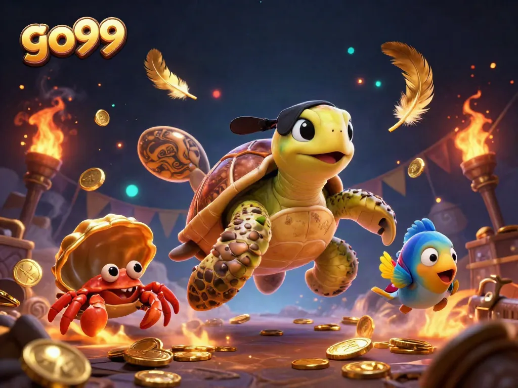 Engage with thrilling adventures at go99, where a pirate turtle and friends explore a treasure-filled underwater scene.
