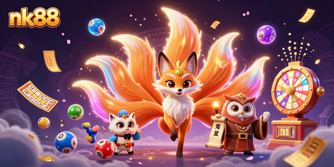Experience exciting gaming at nk88 with vibrant characters, dynamic lottery balls, and casino elements