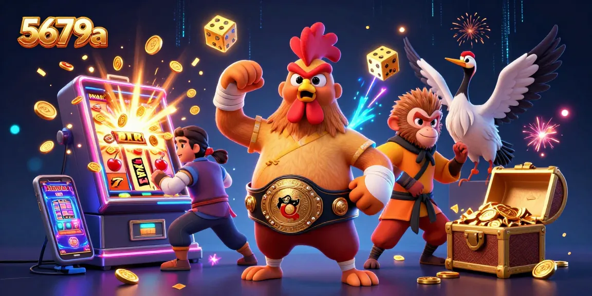 Engage with the thrilling cartoon scene of 5679a, featuring a Muay Thai rooster and slot machines.