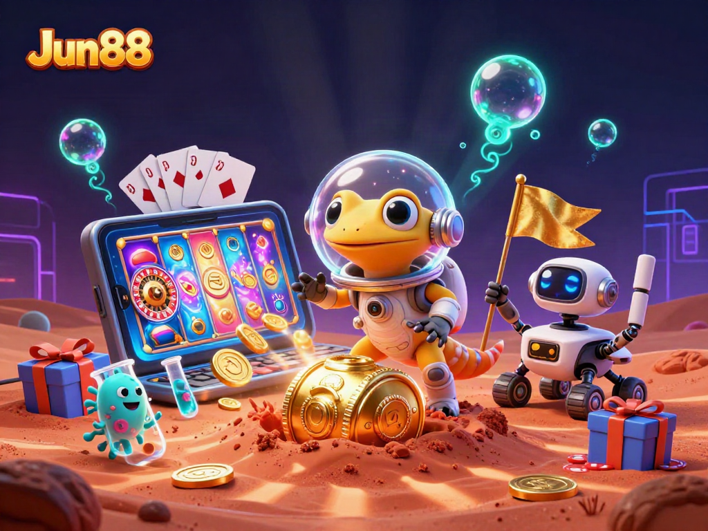 Experience Jun88's thrilling casino adventure with a gecko in space discovering treasures.