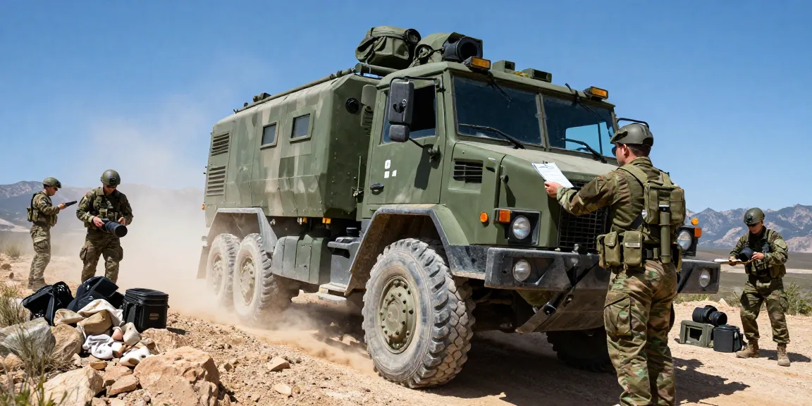 88M Motor Transport Operator performing a vehicle inspection in military training, showing teamwork and rugged terrain.