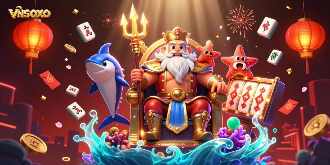 Win big with VNSOXO in a vibrant casino scene featuring Neptune and festive elements.