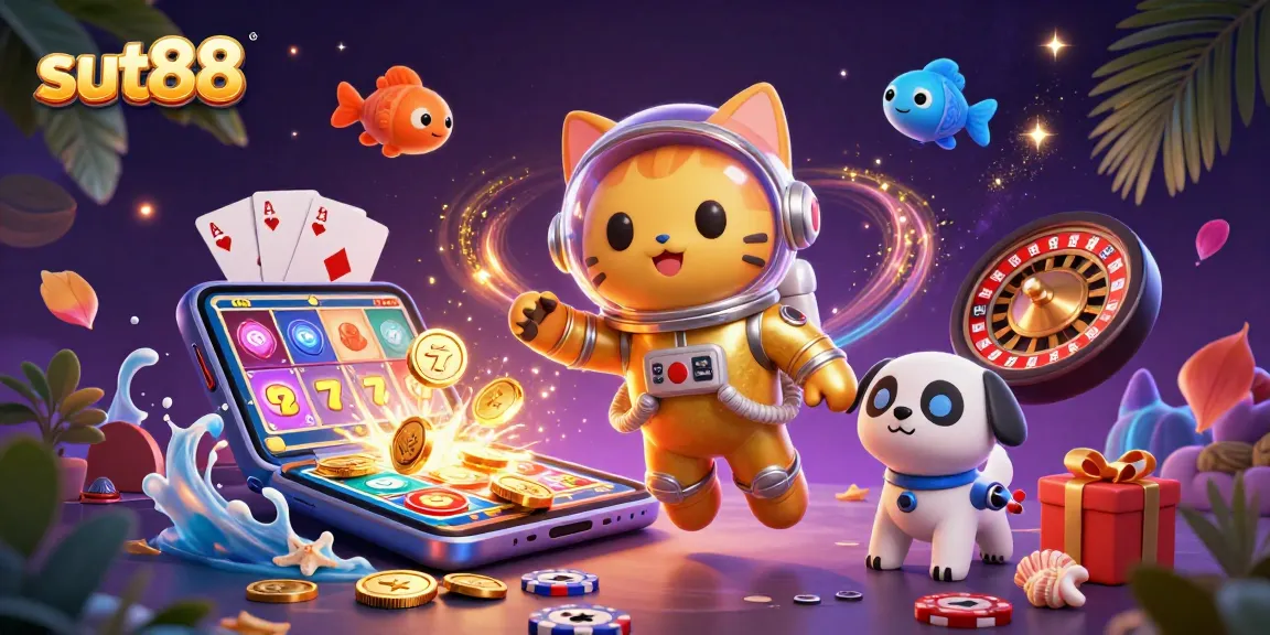 Sut88 engages players with vibrant slots, a playful astronaut cat, and game elements galore.