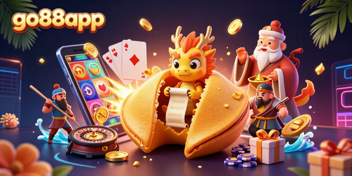 Enjoy thrilling gameplay with go88app amidst a magical scene featuring a golden fortune cookie and wise dragon.