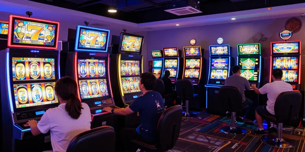 Pengunjung kasino menikmati permainan slot777 dengan keceriaan di lingkungan yang modern dan energik.