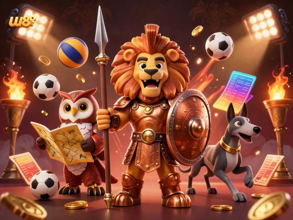 Engage in thrilling sports betting with uu88 featuring a dynamic scene of a Spartan lion and his allies.