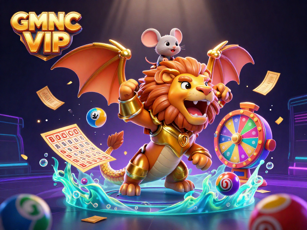 Experience the thrill of GMNC VIP with vibrant lottery balls and golden casino elements.