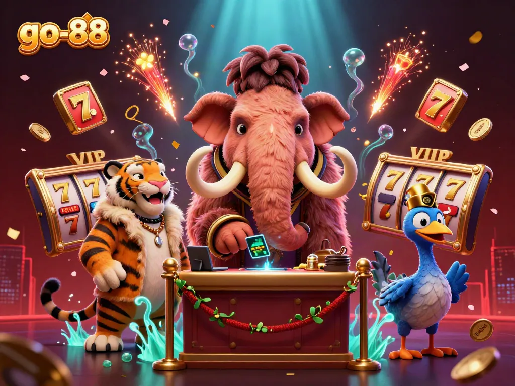 Experience the thrills at go-88 with a vibrant 3D casino scene featuring an engaging woolly mammoth bouncer and VIPs.