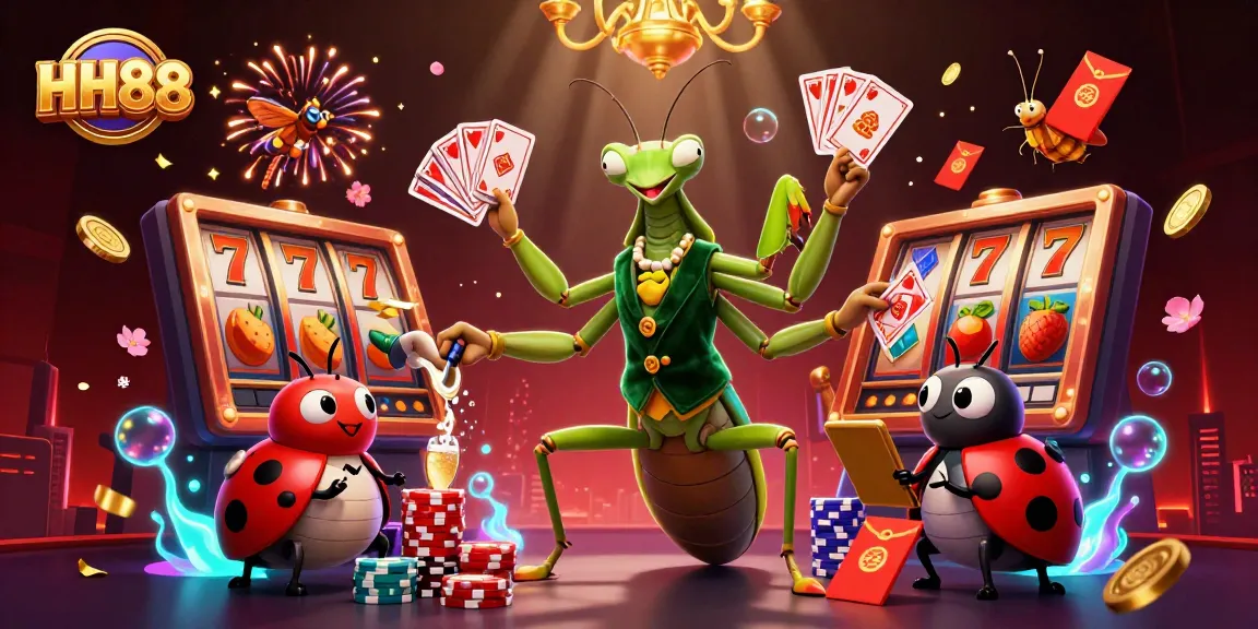 HH88 showcases a vibrant 3D illustration of gambling action with lively characters engaged in card games and slots.
