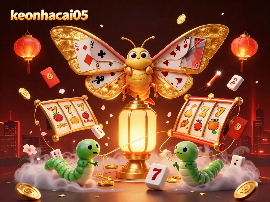 Join keonhacai05's vibrant casino scene with a majestic atlas moth and dynamic gaming elements.