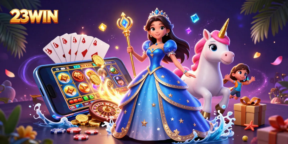 Spin to win with 23WIN as vibrant characters celebrate casino wins amidst dazzling game elements.
