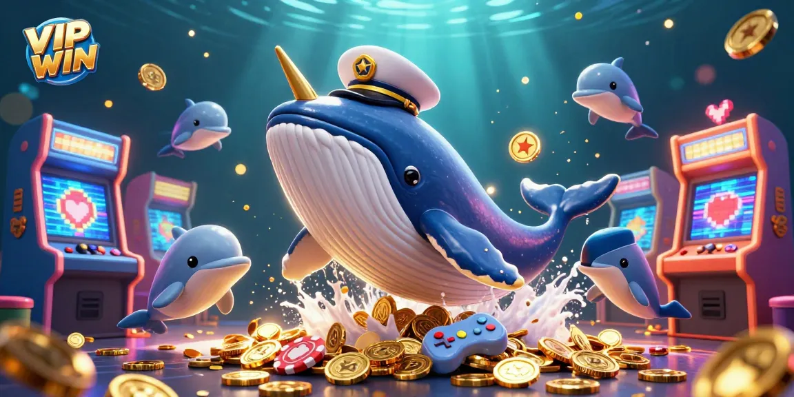 Win exciting rewards with VIPWIN as cartoon whale and dolphins play among glowing casino treasures.