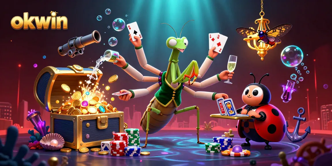 Win big at okwin with an energetic scene of a playful mantis card sharp dealt by a ladybug pit boss.