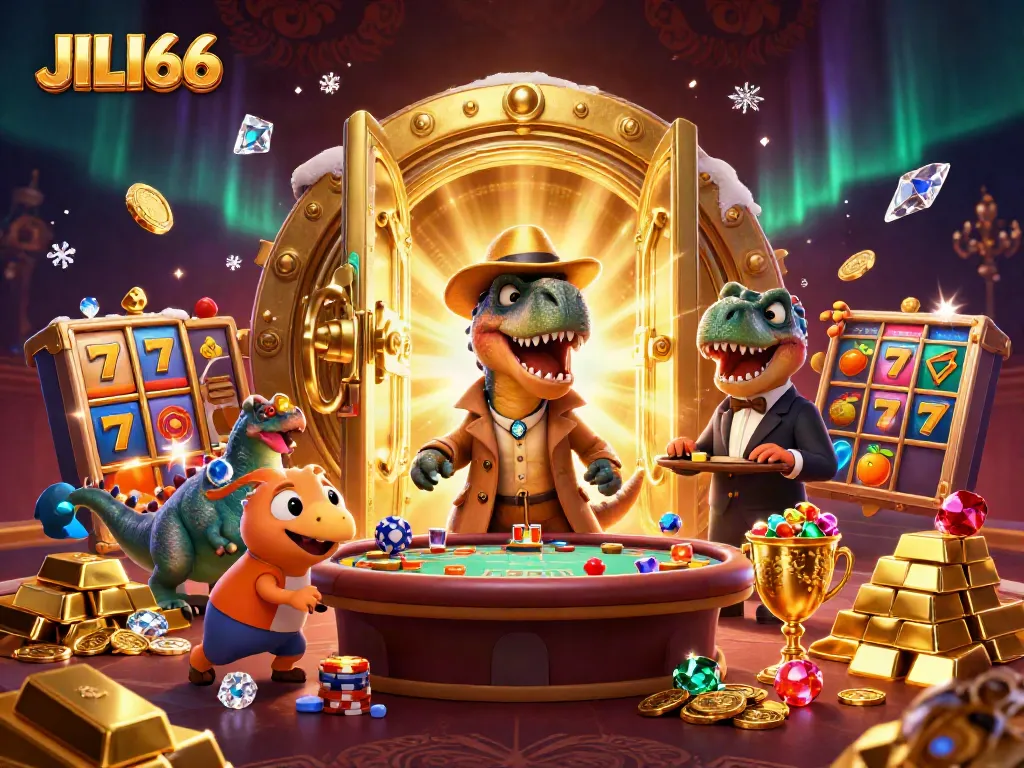 Experience thrilling blackjack action at JILI66 with animated dinosaurs, golden treasures, and slot elements