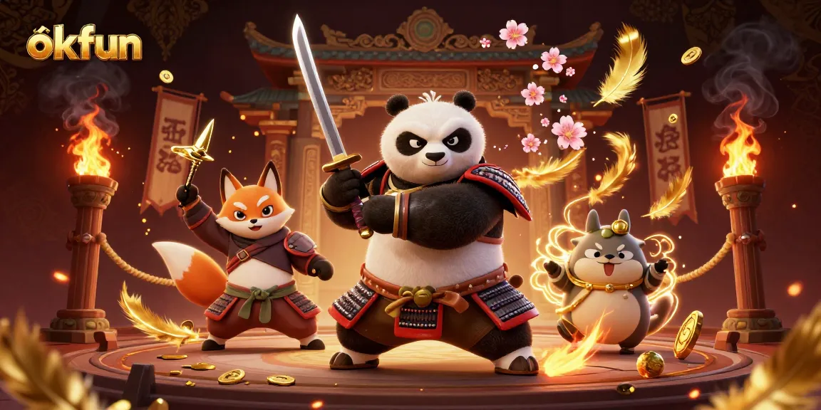 Experience thrilling fun at okfun with cartoon samurai and ninja characters in a vibrant casino backdrop.