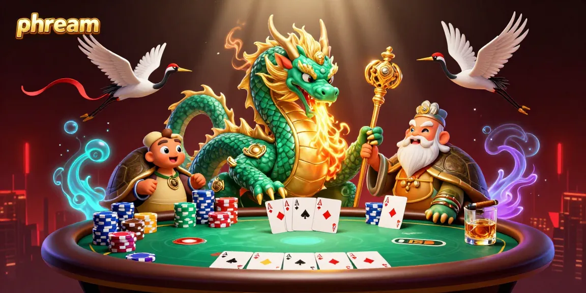 Experience thrilling gaming at PHDREAM with an emerald dragon and card games in an energetic scene.