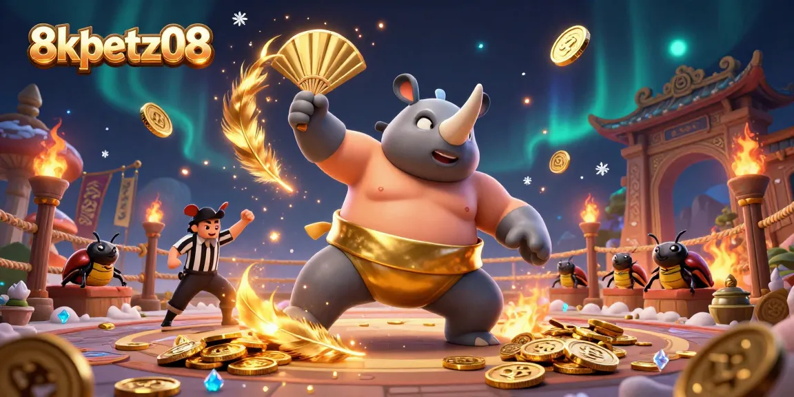 Experience the excitement of 8xbetz08 with a vibrant illustration showcasing a sumo champion beetle amidst golden coins and dynamic gambling elements.