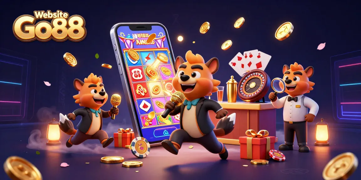 Engage in fun at Website Go88 with hyenas enjoying casino life, from stand-up comedy to gaming!