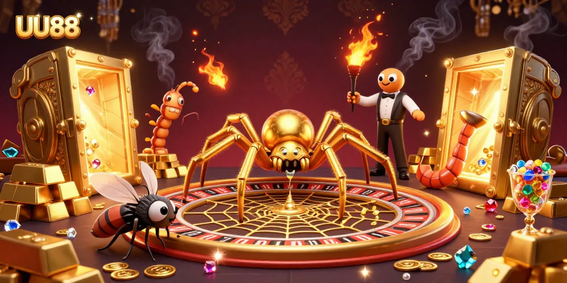 Experience the thrill of betting at UU88 with a vibrant 3D casino scene featuring dynamic characters and golden treasures.