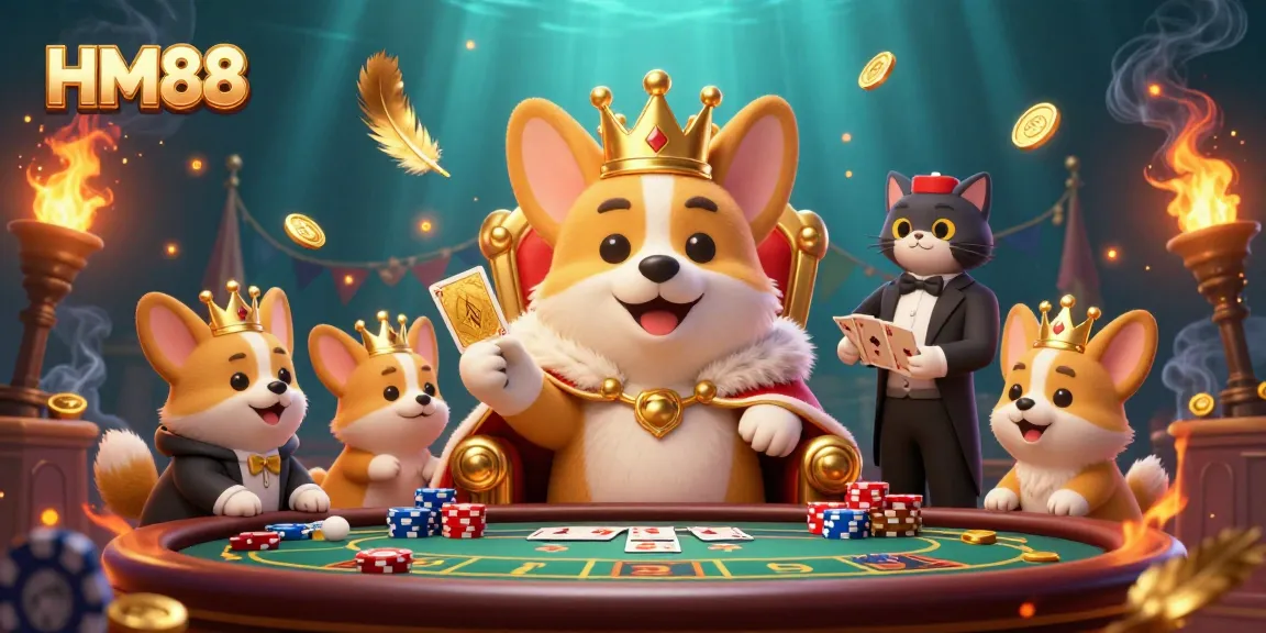 Engage in thrilling card games at HM88 with a royal corgi and cat butler in a lavish casino scene.