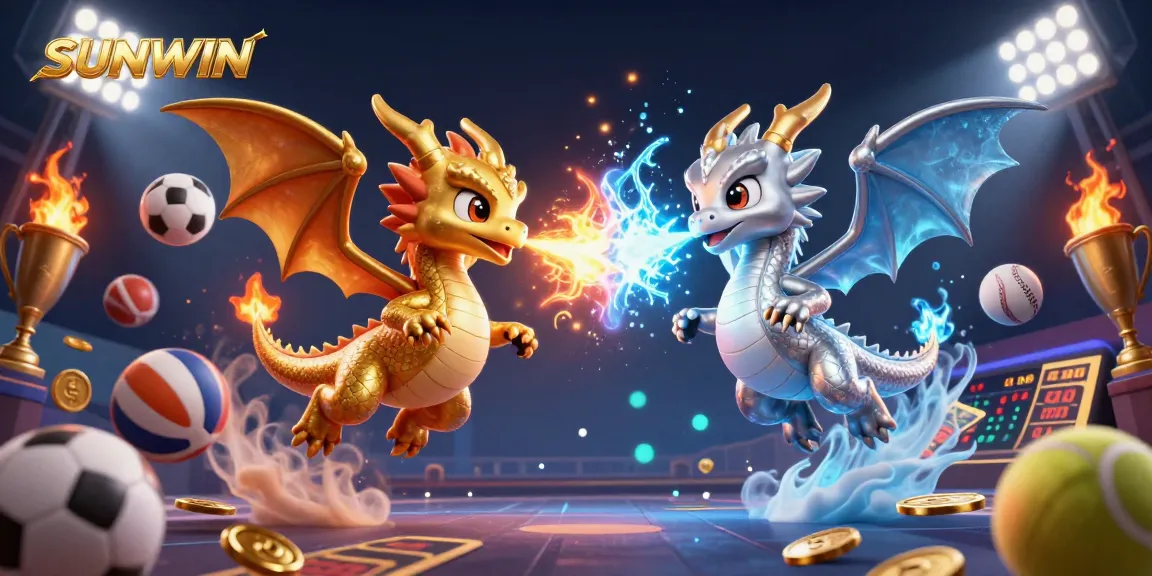 Experience excitement at SUNWIN with twin dragons representing fortune and luck in a vibrant casino scene.