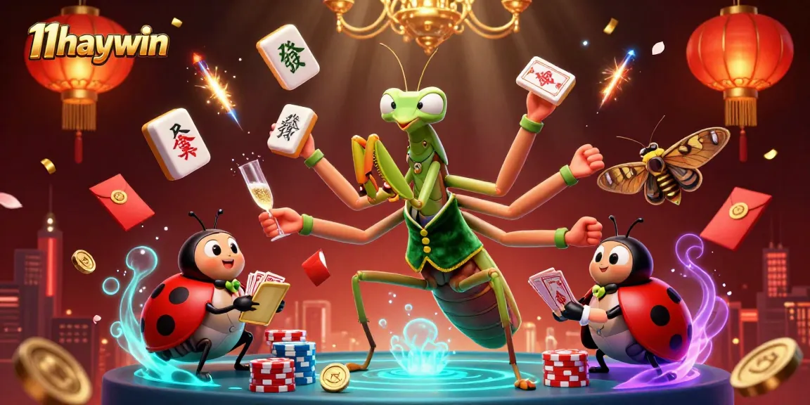 Experience thrilling gameplay at 11haywin as the giant mantis deals cards, showcasing an exciting casino scene.