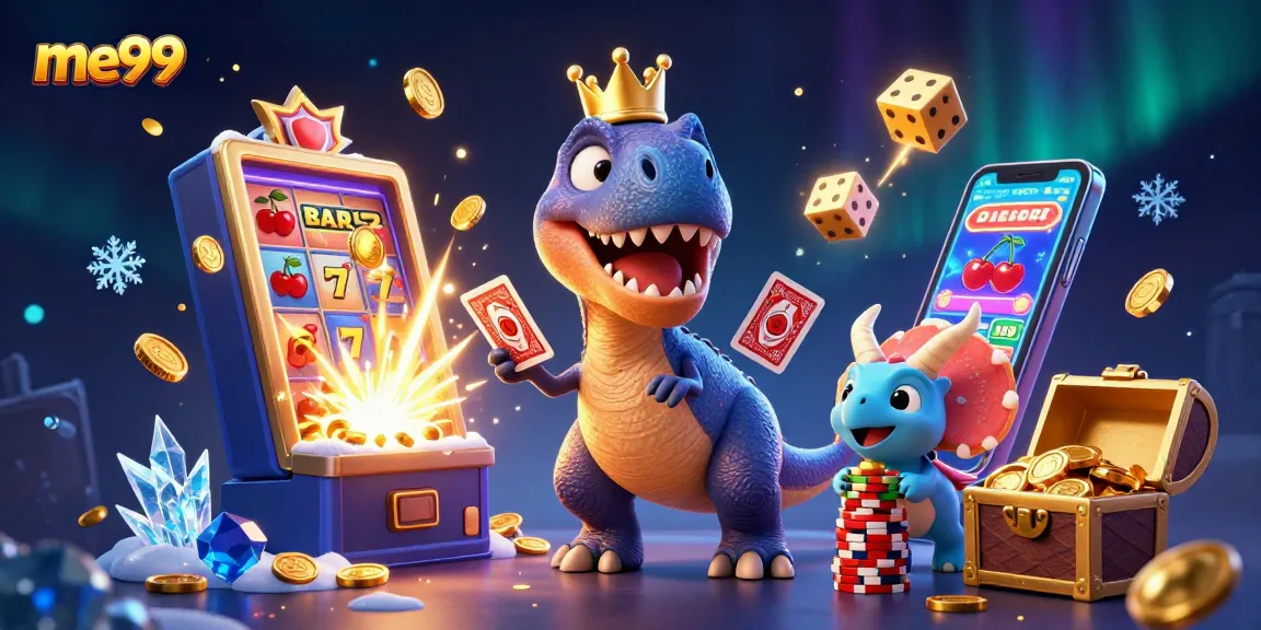 Experience the excitement of me99 online with a fun dinosaur-themed casino scene including slots, cards, and chips.