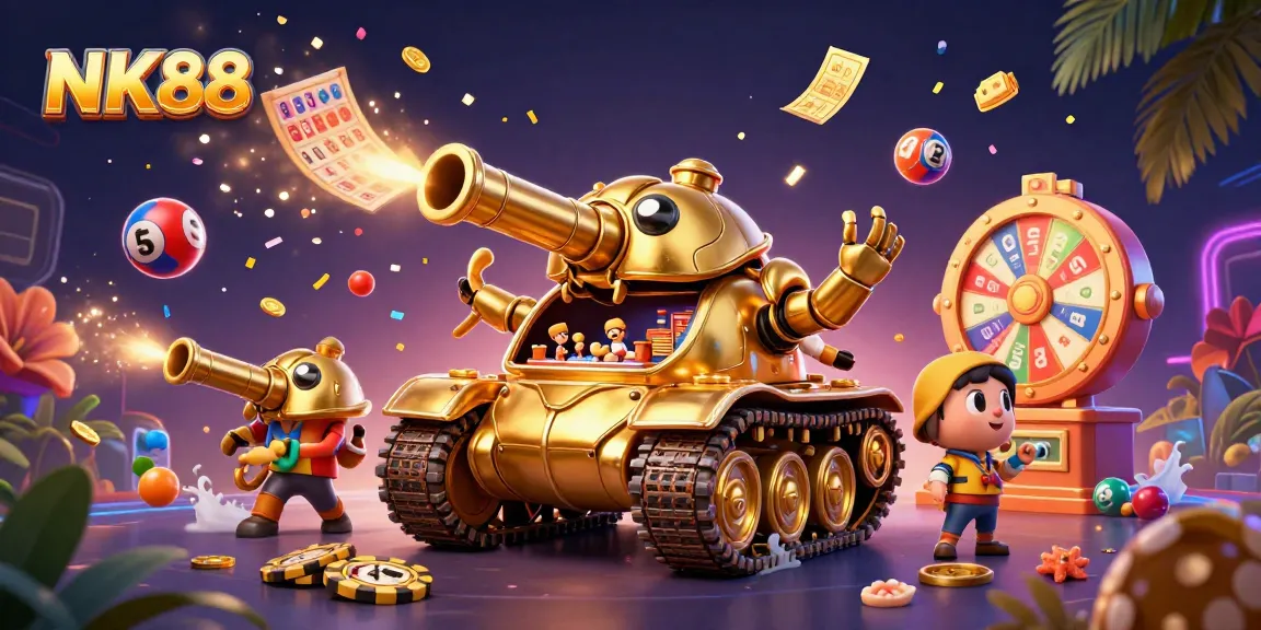 Join the thrilling excitement of NK88's casino games with a dynamic, colorful 3D scene.