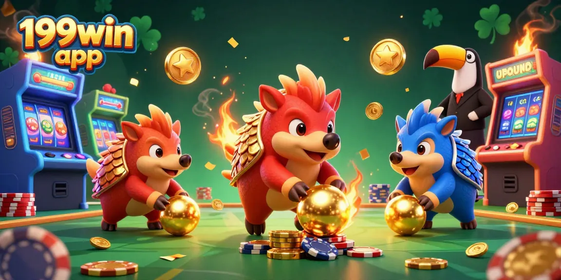 Experience thrilling gaming with the 199win app featuring engaging pangolin characters and vibrant casino elements.