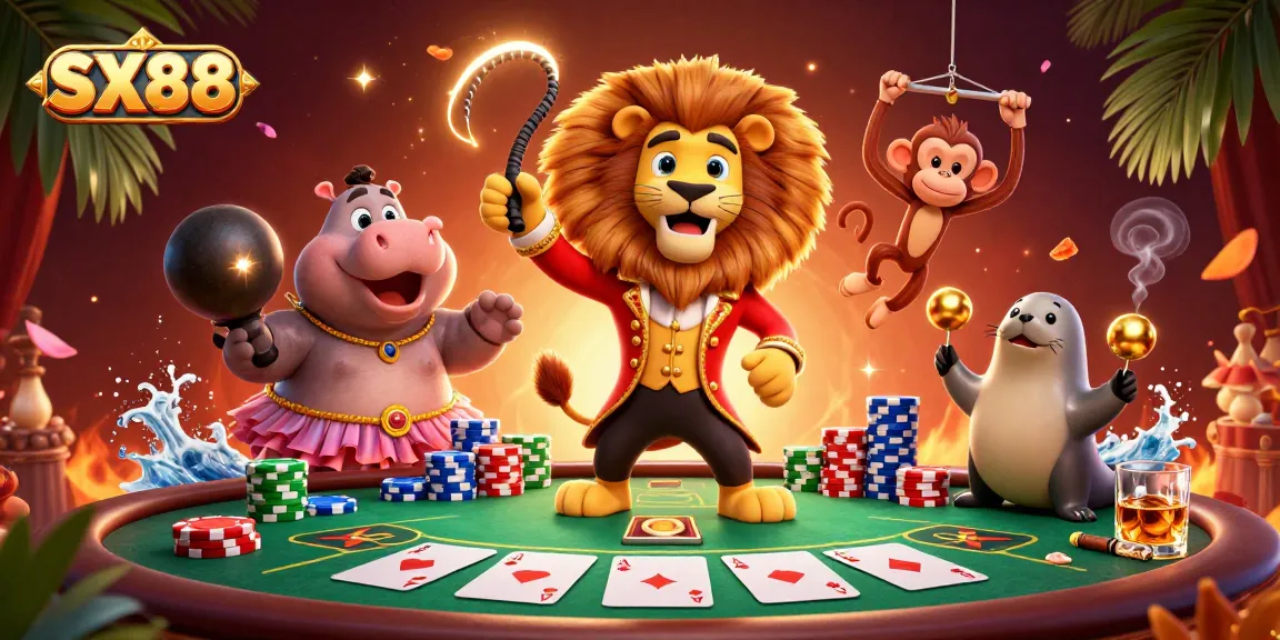 SX88 invites players to experience thrilling games with a colorful cartoon scene of a circus themed casino.